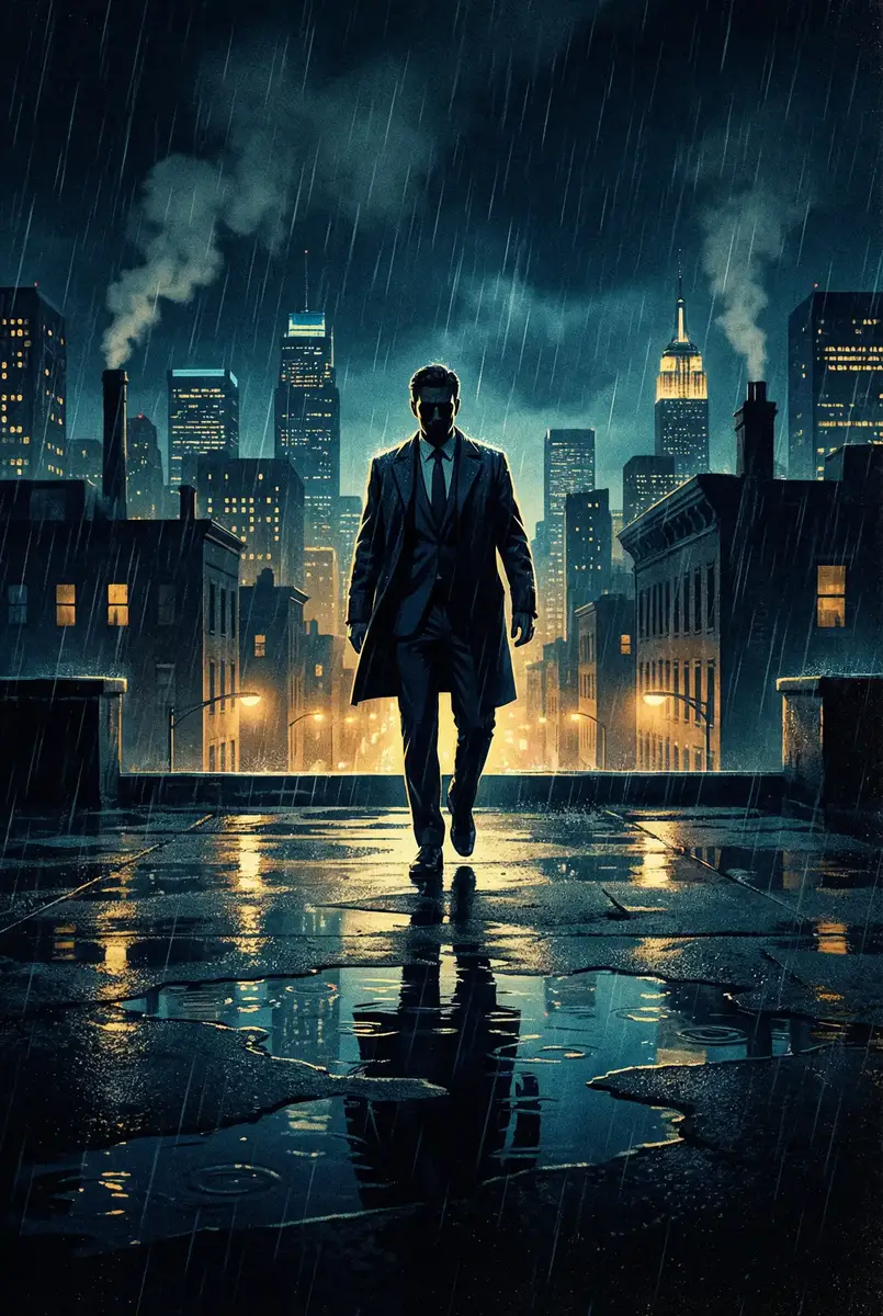 海贼王同人 出品影片《雨夜独行者》海报，雨中城市屋顶男性剪影
